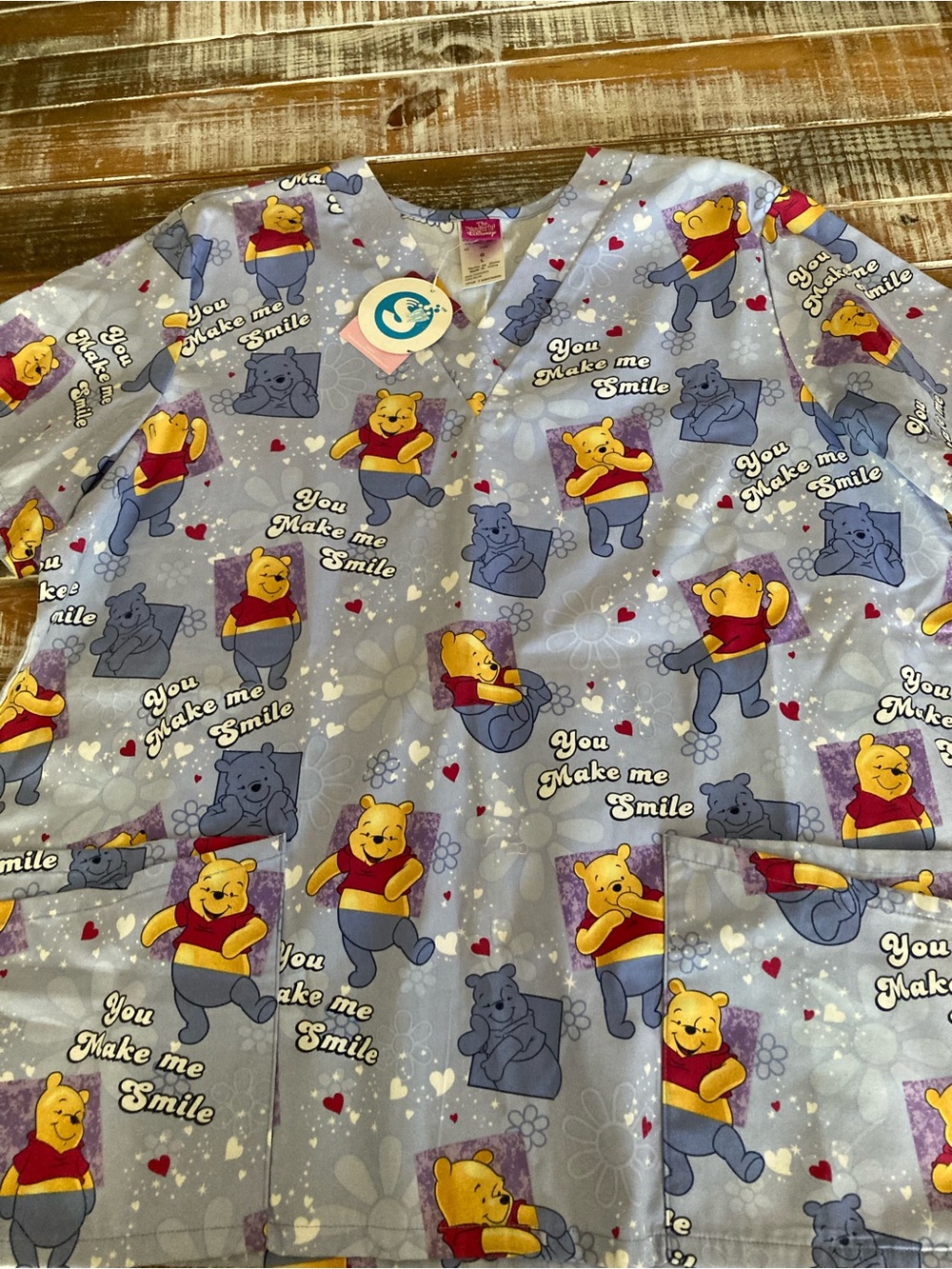 Disney Blue Winnie the Pooh Heart Print Scrub Top